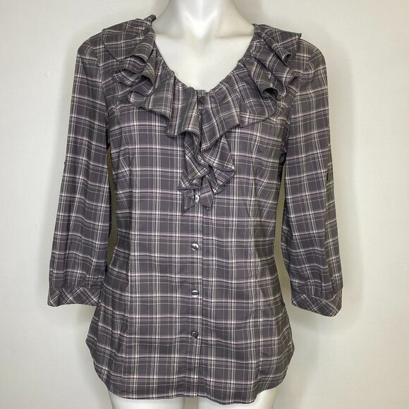 Outback Red Grey Plaid Button Down Ruffle Top - Picture 2 of 6